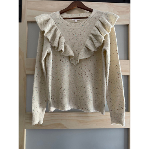 Lauren Conrad Cream Ruffle Sequin Sweater Confetti Speckle Knit Size M - Picture 1 of 8